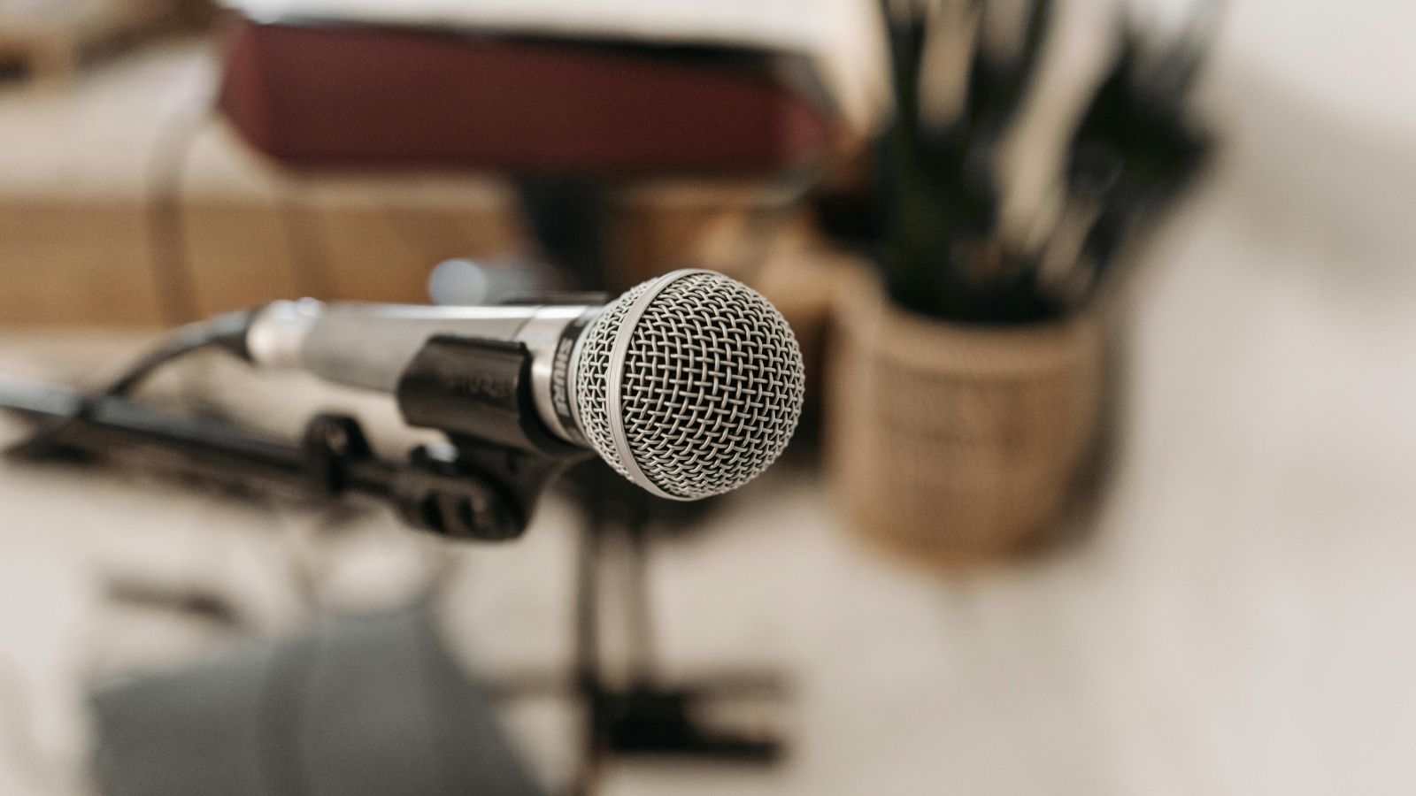 Close-up of a microphone on a stand with a blurred background.