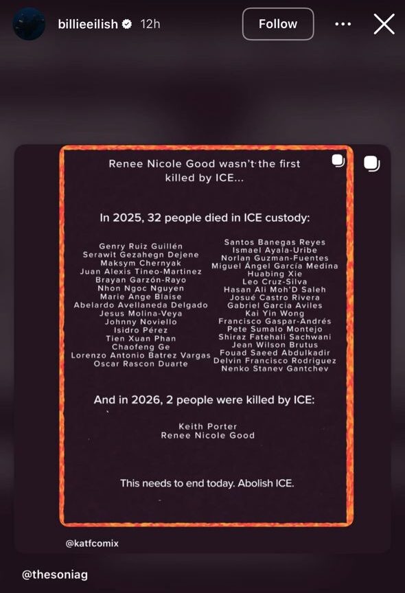 Billie Eilish shares posts calling ICE a “terrorist group” after Minneapolis shooting