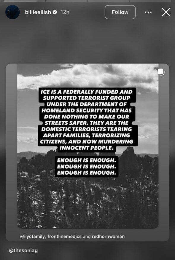 Billie Eilish shares posts calling ICE a “terrorist group” after Minneapolis shooting