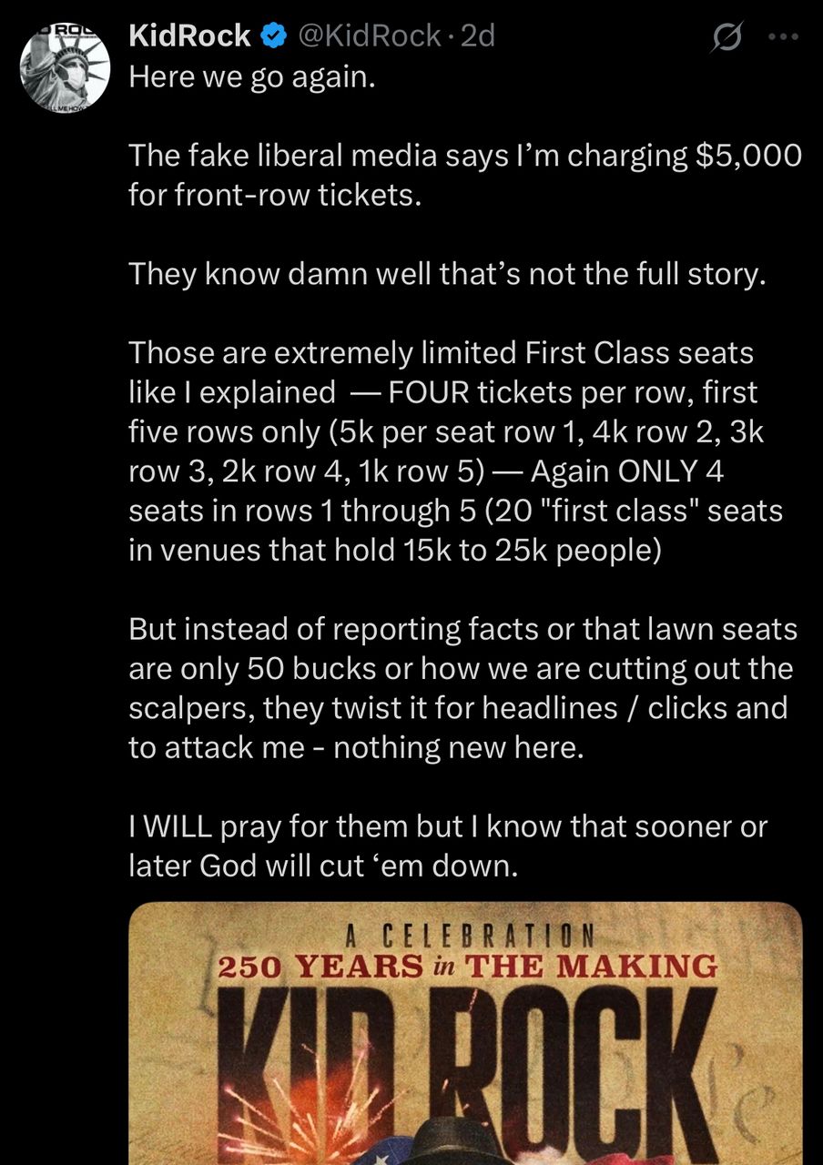 Kid Rock Fires Back at Pricing Reports With a Warning That God Will ‘Cut Down’ Those Who Twist The Facts