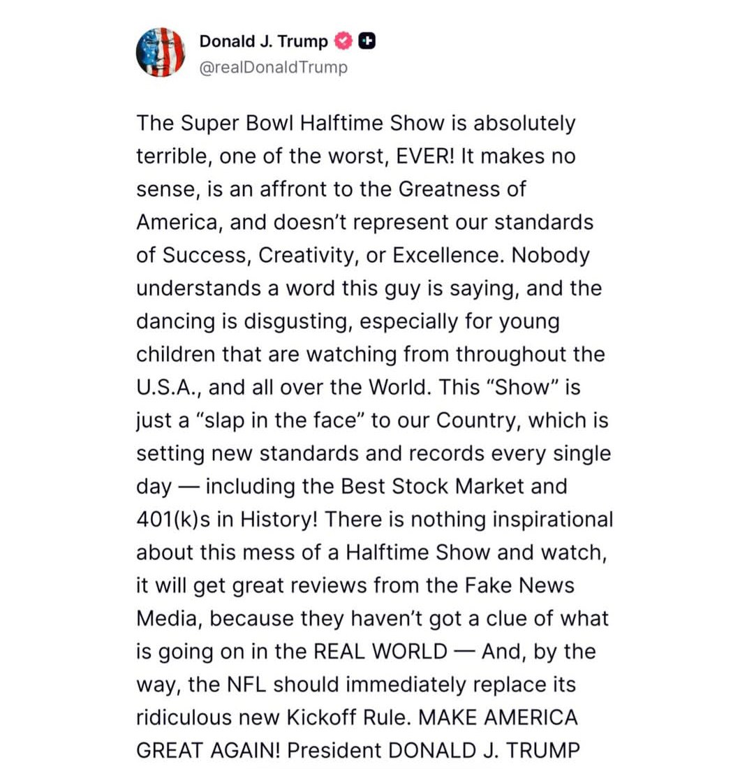 Donald Trump Is Spiraling Over The Super Bowl Halftime Show and His Latest Rant Is Truly Brutal