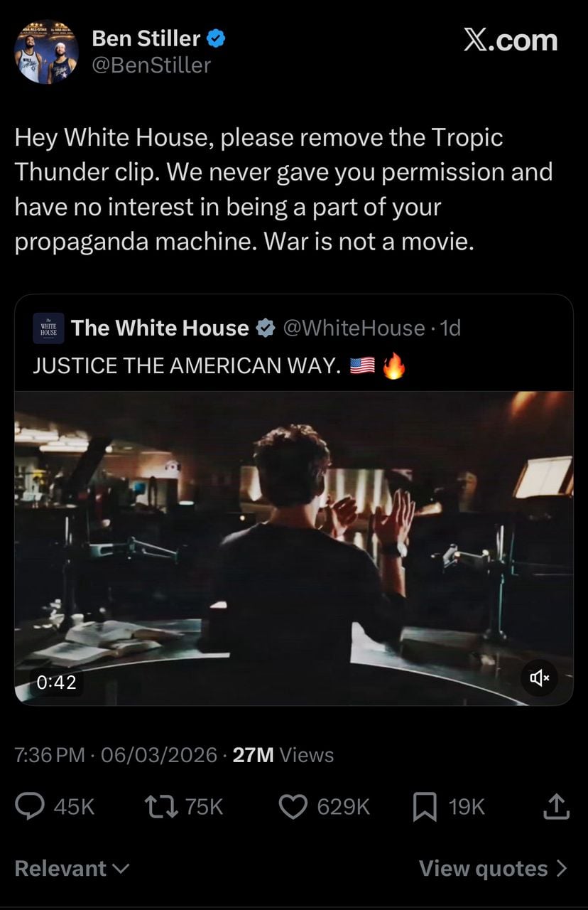 Ben Stiller Reminds the White House That Real “War Is Not a Movie”