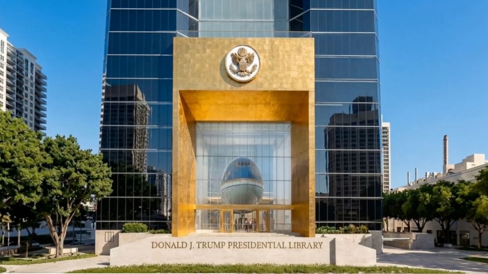 The Trump Presidential Library Renderings Include a Giant Golden Statue, a Full-Sized Air Force One, and No Books
