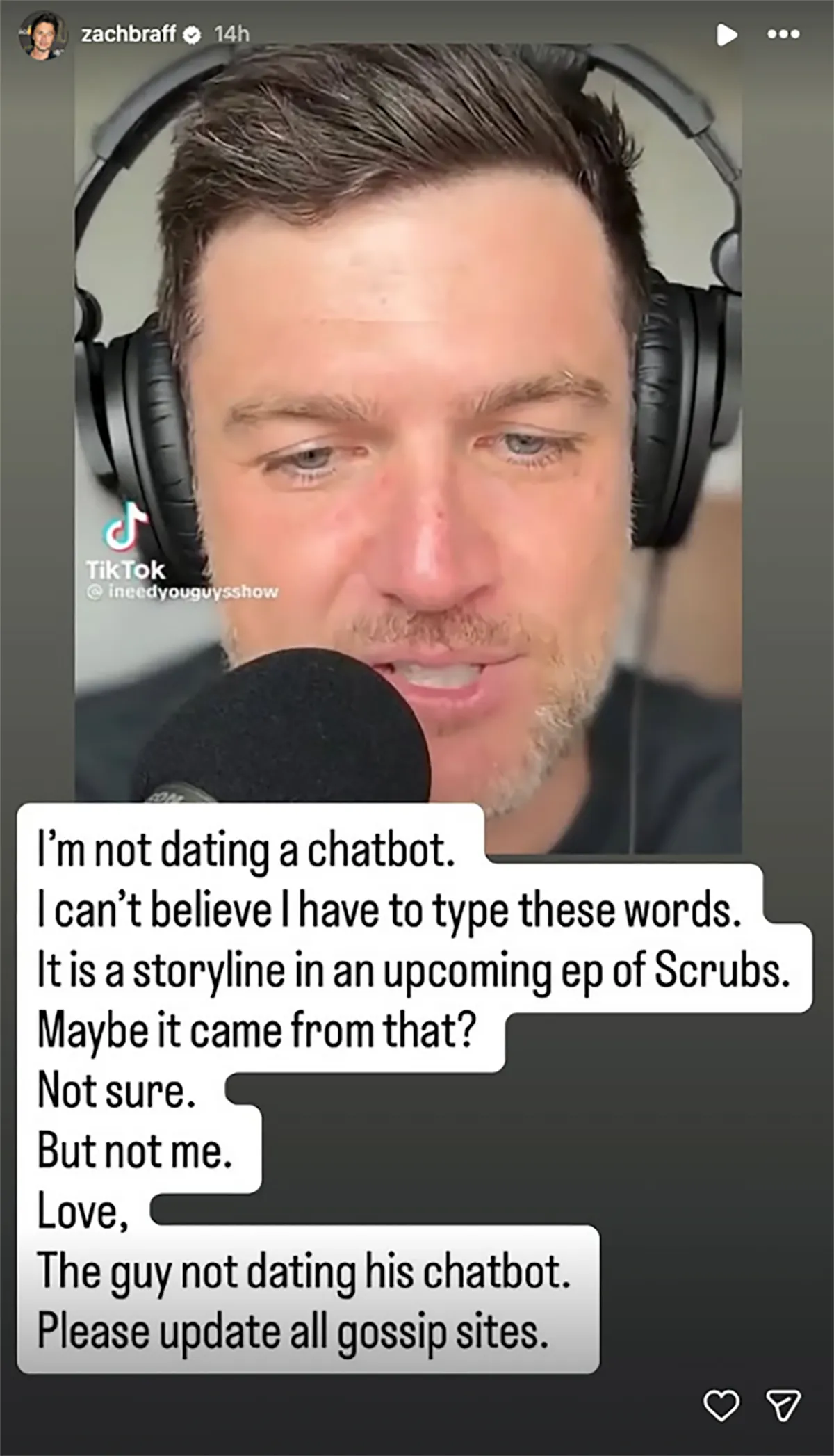 Zach Braff Shuts Down Rumor He’s Dating an AI Chatbot