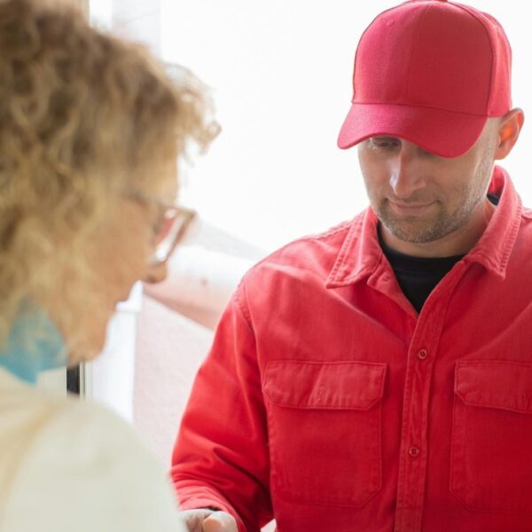 Older woman, old woman with courier, delivery guy