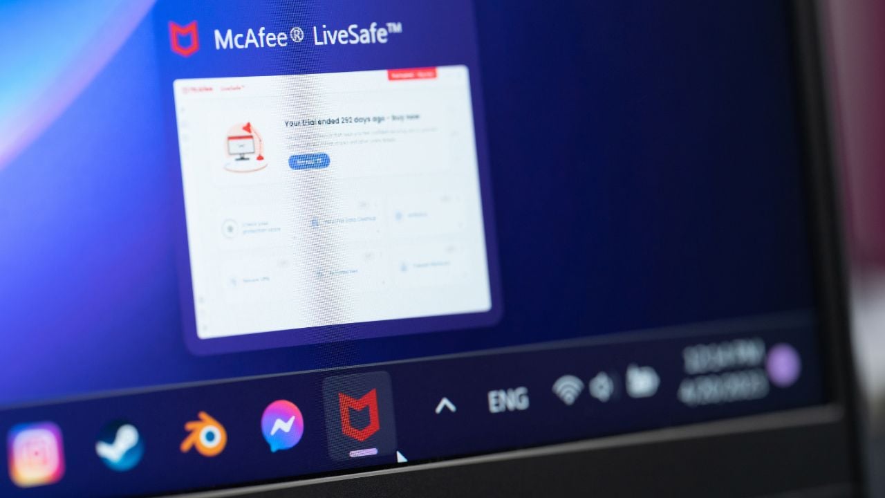 McAfee antivirus for windows on laptop screen close up view