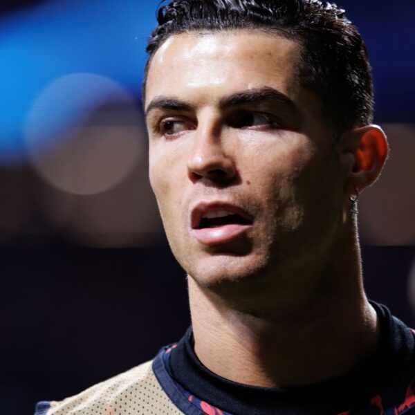 MADRID - FEB 23: Cristiano Ronaldo warms up prior to the Champions League match between Club Atletico de Madrid and Manchester United at the Metropolitano Stadium on February 23, 2022 in Madrid, Spain