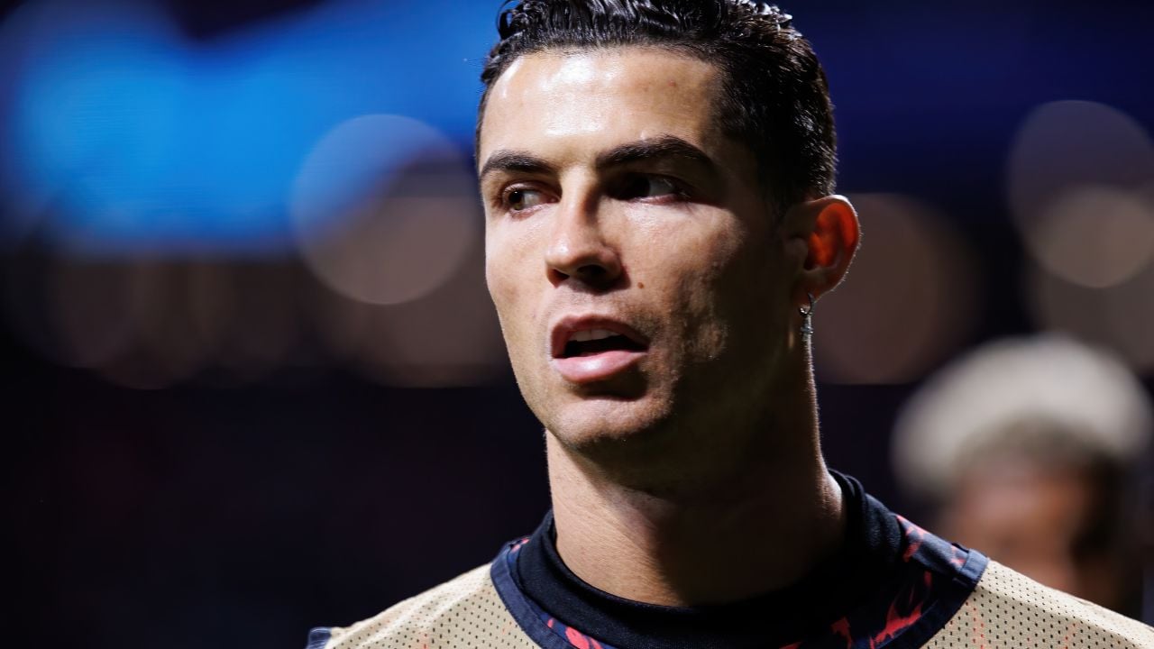 MADRID - FEB 23: Cristiano Ronaldo warms up prior to the Champions League match between Club Atletico de Madrid and Manchester United at the Metropolitano Stadium on February 23, 2022 in Madrid, Spain