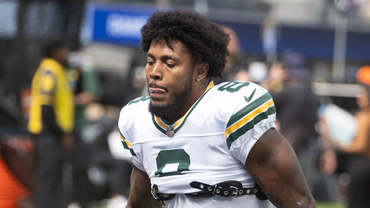 Green Bay Packers running back Josh Jacobs #8 warms up prior to an NFL football game against the Los Angeles Rams at SoFi Stadium, Sunday, Oct. 6, 2024, in Inglewood, Calif.
