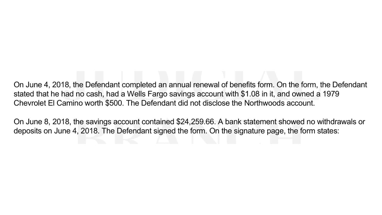 Excerpt from a Hubbard County criminal complaint comparing Bellomo's reported savings with the balance in an undisclosed bank account.