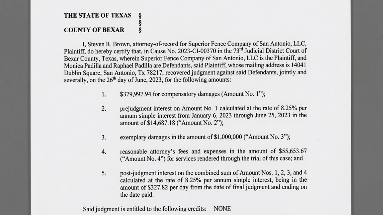 Bexar County abstract of judgment listing compensatory damages, exemplary damages and attorney fees awarded to Superior Fence.