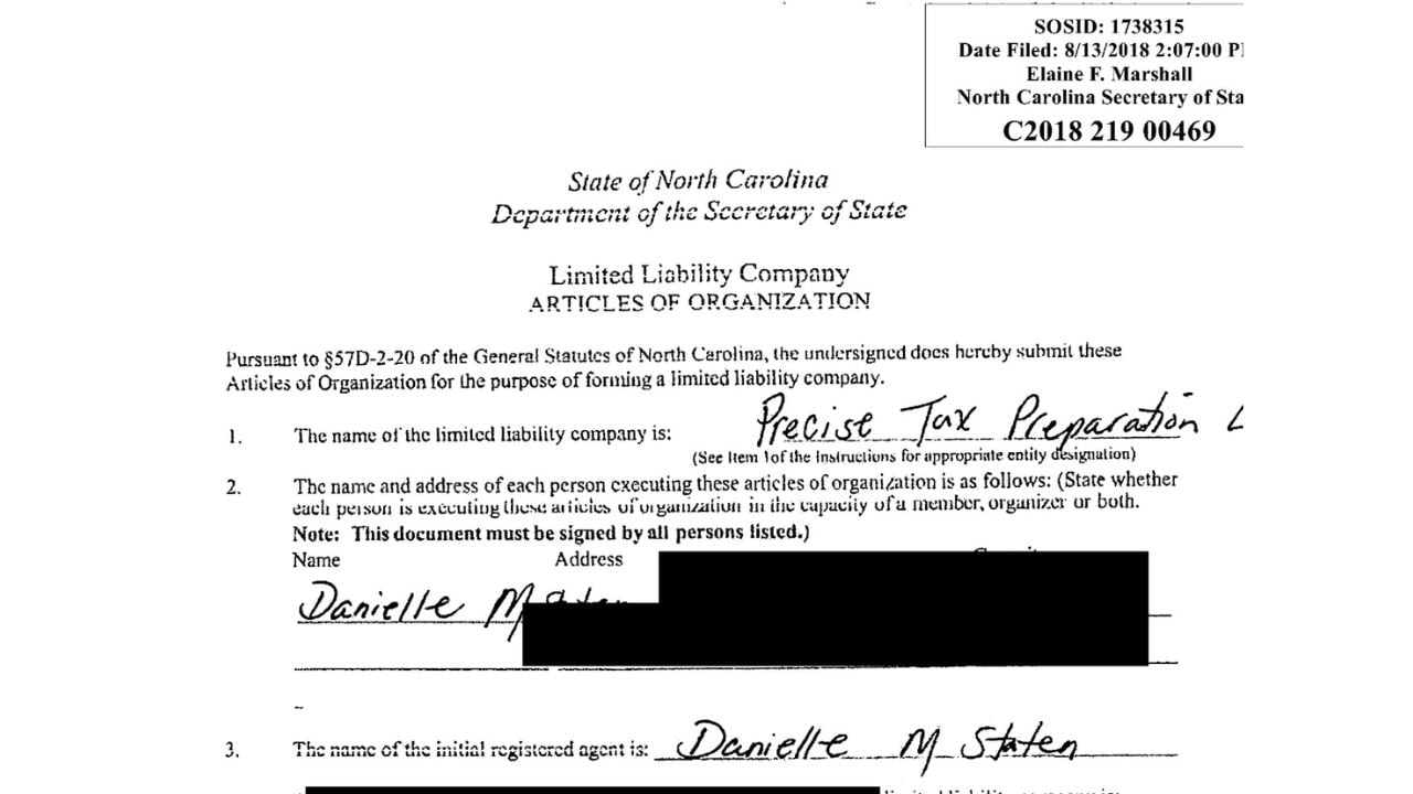 Redacted North Carolina Articles of Organization for Precise Tax Preparation LLC