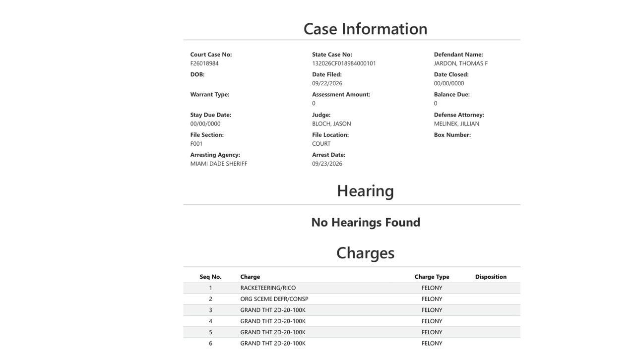 Miami-Dade court record for Thomas F. Jardon case F26018984