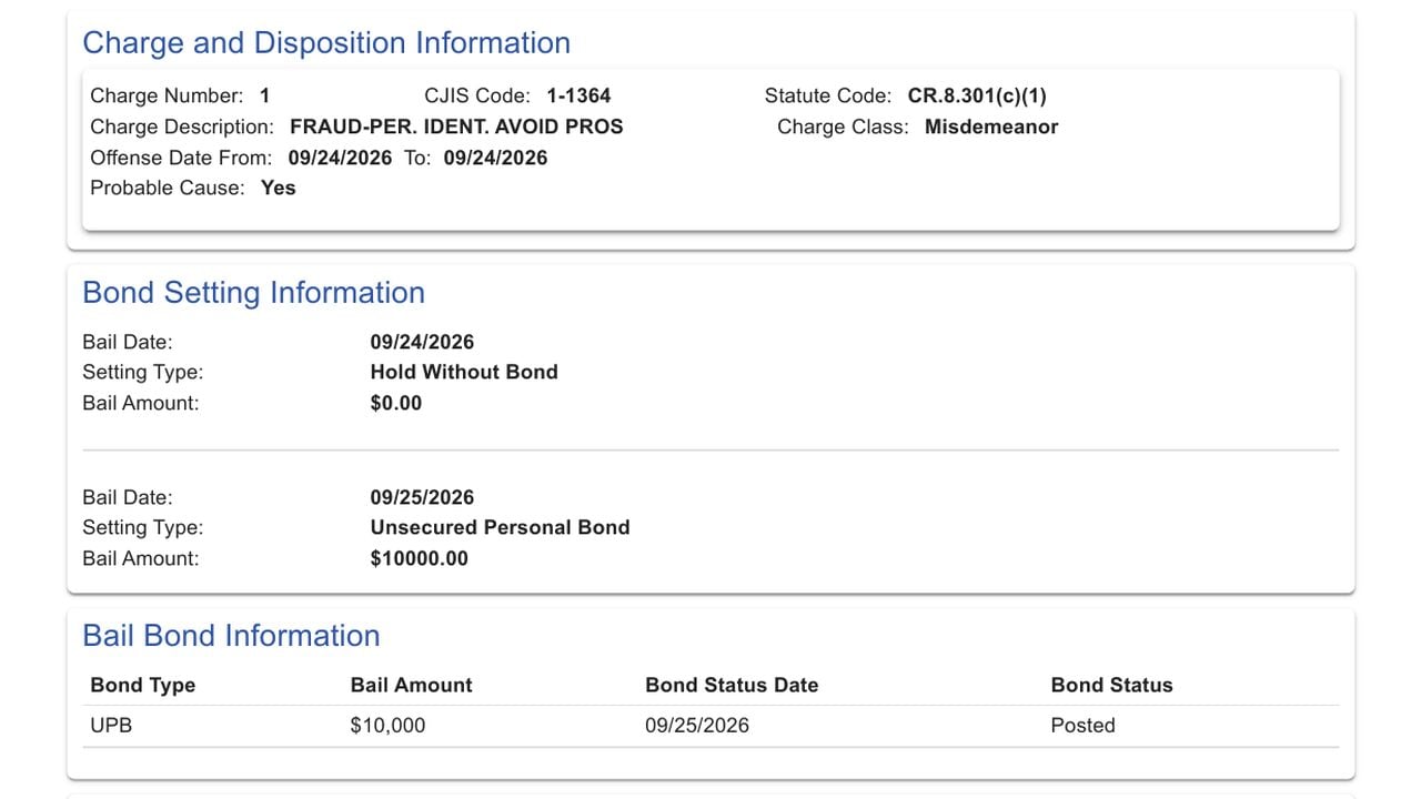 St. Mary’s County court record showing Anthony Young’s Sept. 24 identity-fraud charge and $10,000 unsecured personal bond posted Sept. 25, 2026.