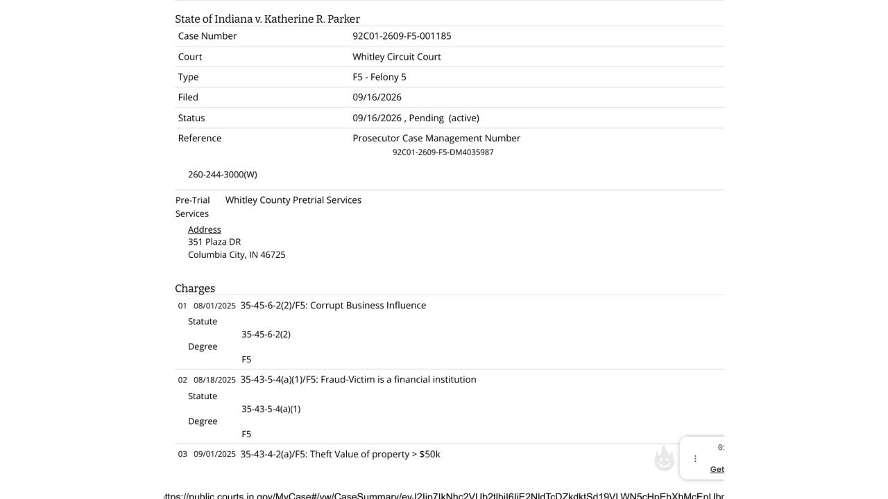 Indiana MyCase summary for Katherine Parker's Whitley Circuit Court case