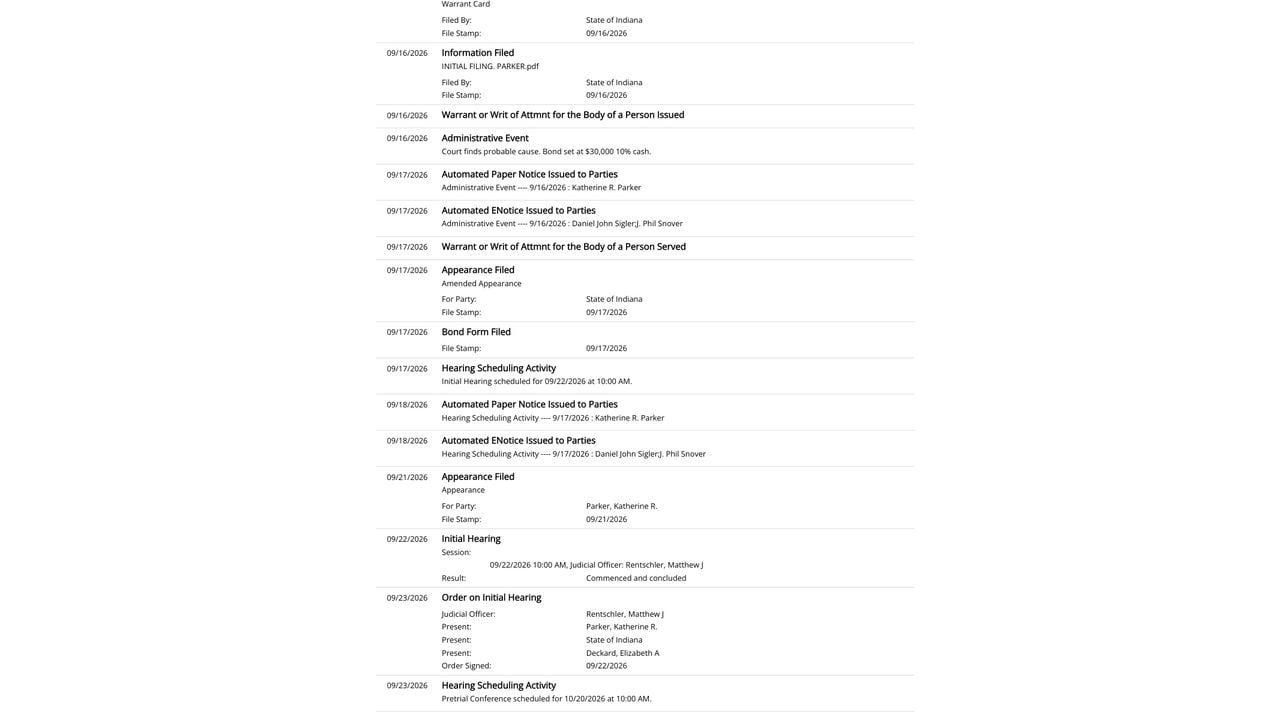 Indiana MyCase chronological case summary for Katherine Parker