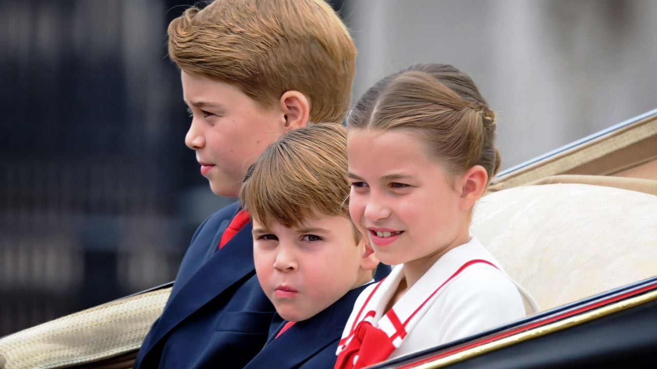 Westminster, London - June 17th 2023. Prince George, Princess Charlotte and Prince Louis travel back to Buckingham Palace following Trooping the Colour.