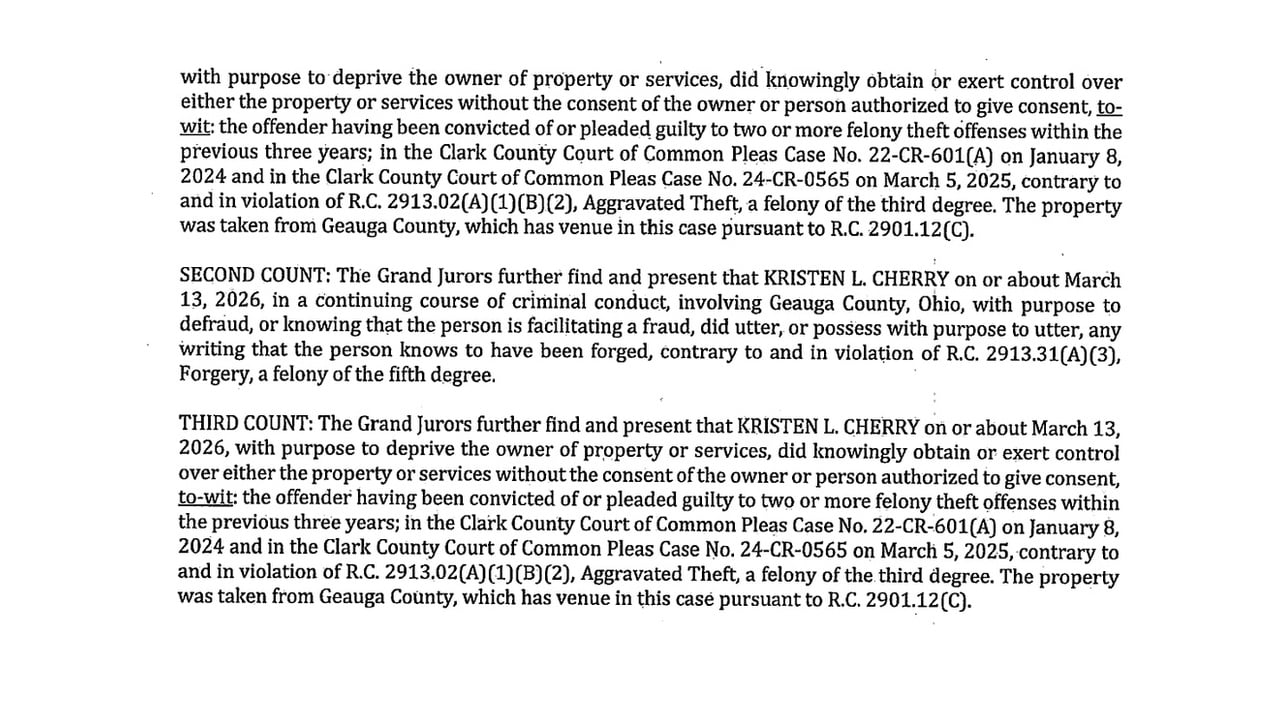 Geauga County indictment citing prior felony theft convictions and aggravated theft and forgery charges against Kristen Cherry