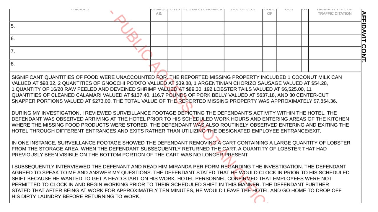 Coral Gables Police affidavit listing $7,854.36 in missing Biltmore Hotel food and surveillance involving 192 lobster tails