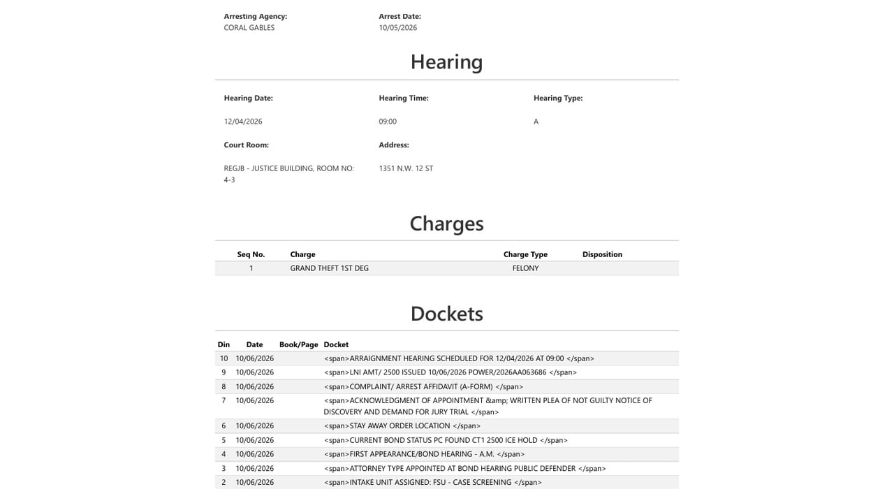 Miami-Dade court record showing Diego Medina Acosta's hearing date, $2,500 bond, not-guilty plea and jury-trial demand