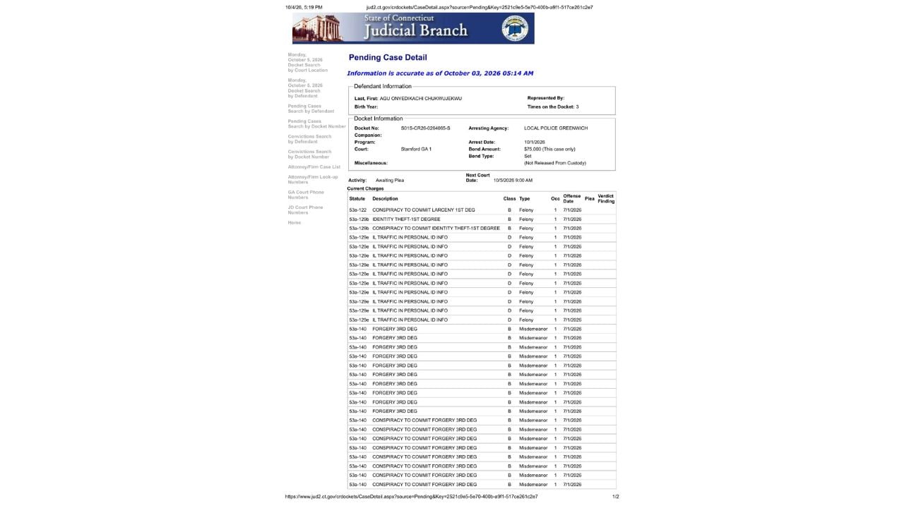 Connecticut court record showing Onyedikachi Agu's Oct. 1 arrest, $75,000 bond and Oct. 5 court date