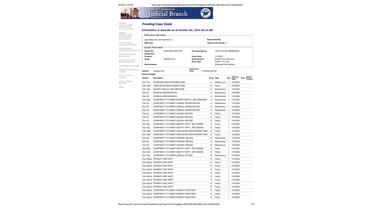 Connecticut court record showing Onyedikachi Agu's July case, $35,000 posted bond and November 16 court date