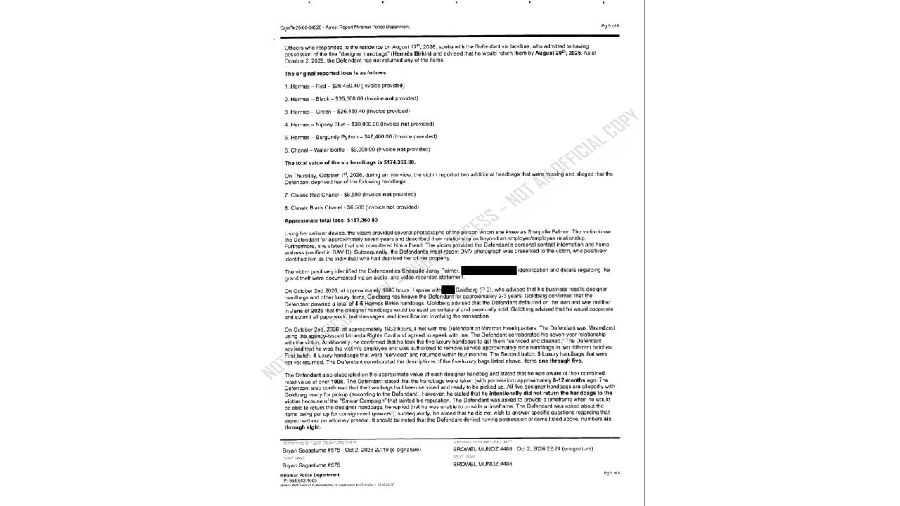 Miramar Police arrest report listing $187,360.80 in reported property and 4-5 Hermès Birkin bags allegedly pawned by Shaquille Palmer