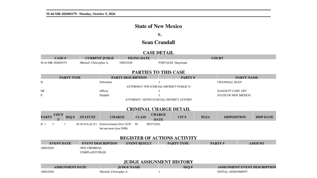 Portales Magistrate Court case summary showing Sean Crandall's misdemeanor embezzlement charge and October 2 filing date.