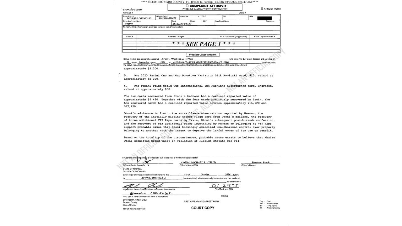 Broward Sheriff's Office affidavit listing sports cards recovered in the Maximo Otoni case and a combined value of $16,720 to $17,220