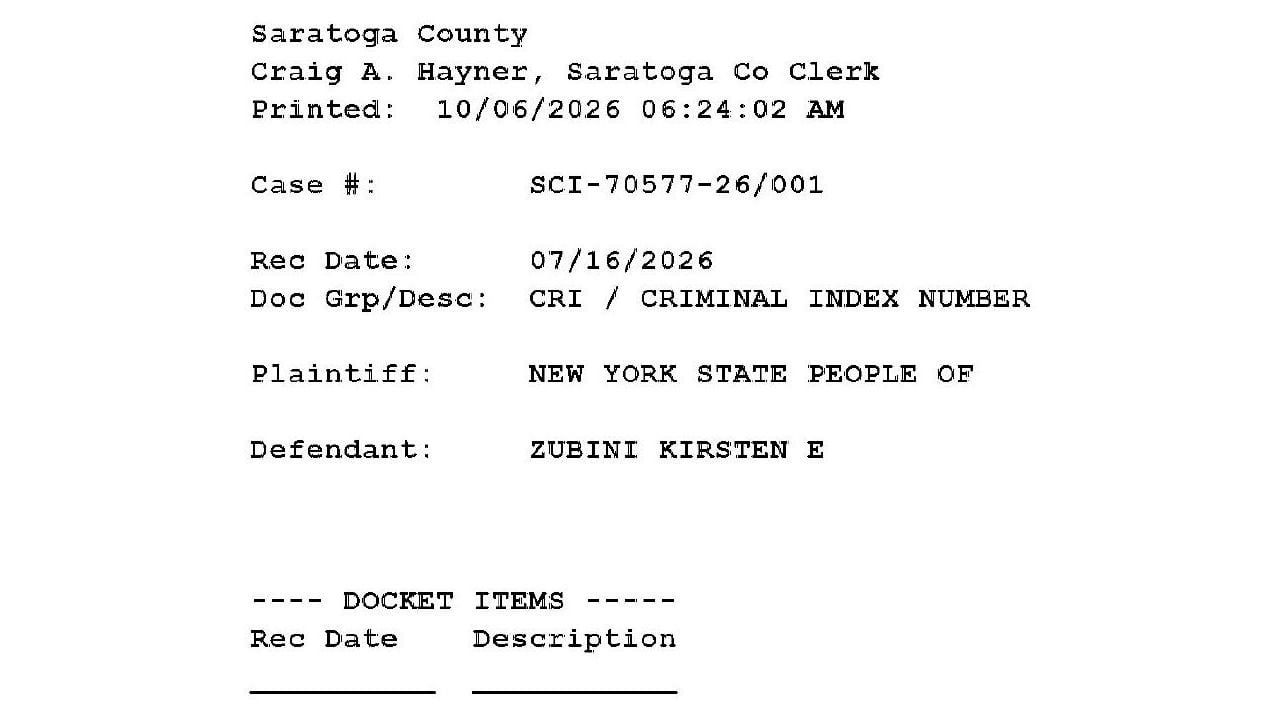 Saratoga County Clerk criminal index record for Kirsten E. Zubini, case SCI-70577-26/001