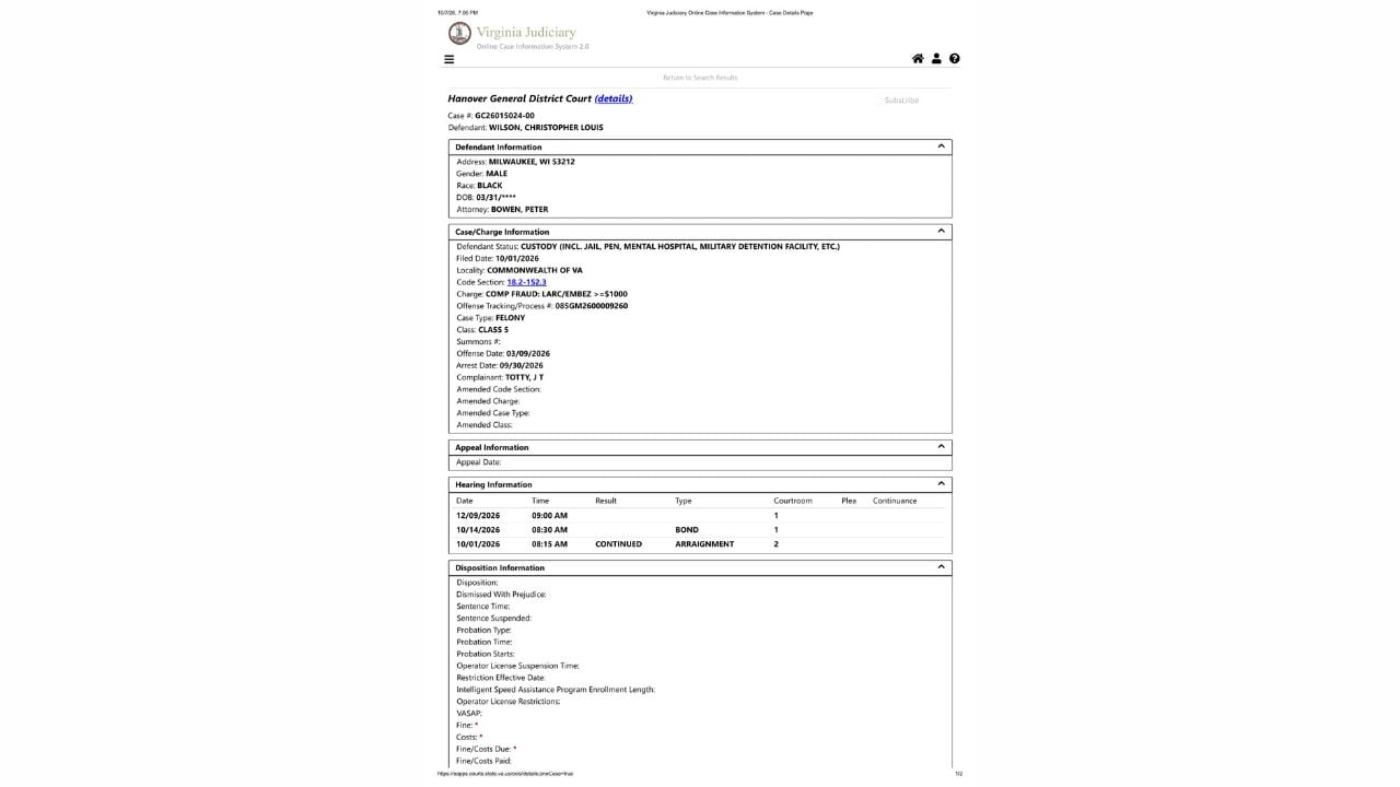 Hanover General District Court record showing Christopher Louis Wilson charged with Class 5 felony computer fraud under Virginia Code 18.2-152.3.