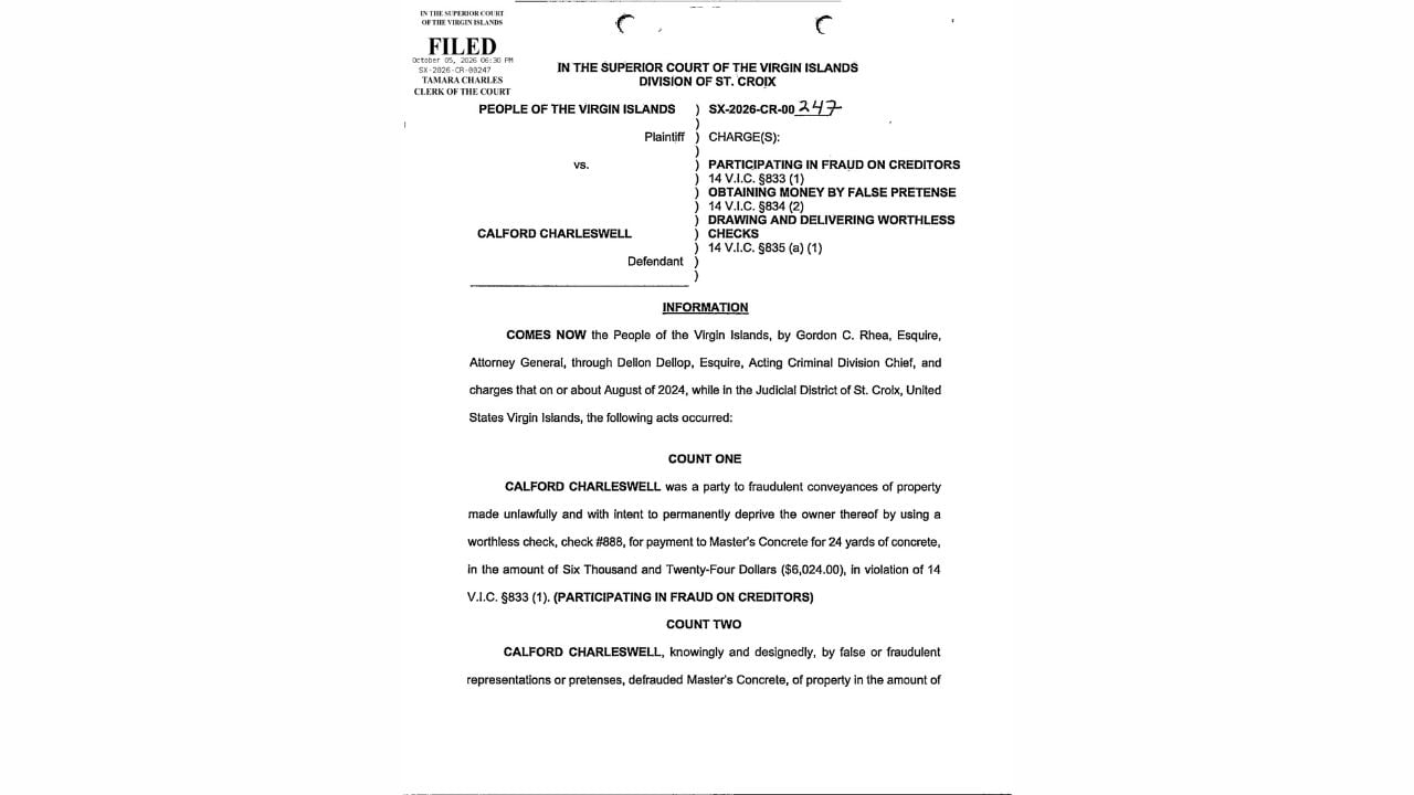 Court charging Information listing Calford Charleswell's three alleged offenses and details of a $6,024 concrete transaction.