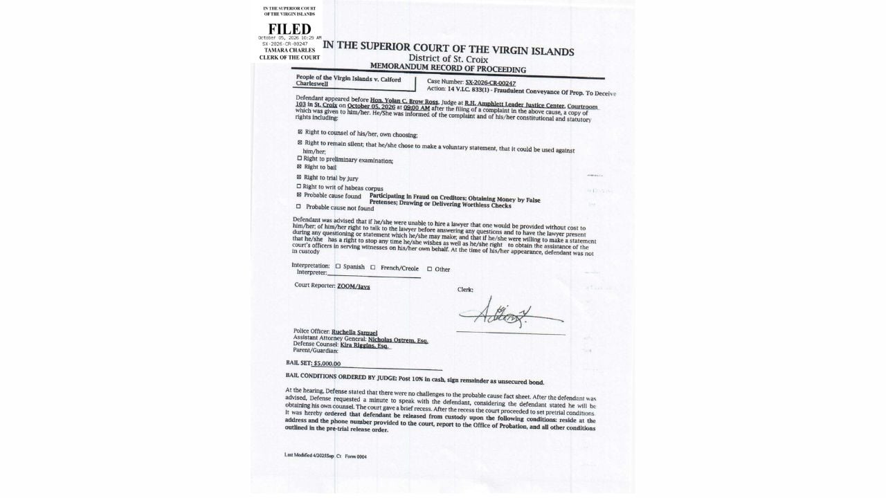 Superior Court memorandum from Calford Charleswell's initial hearing showing the probable-cause findings and bail terms.