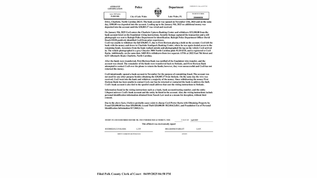 Lake Wales Police Department affidavit describing a $33,100 bank withdrawal, surveillance footage and additional ATM transactions in the Cecil Porter Bartu investigation.
