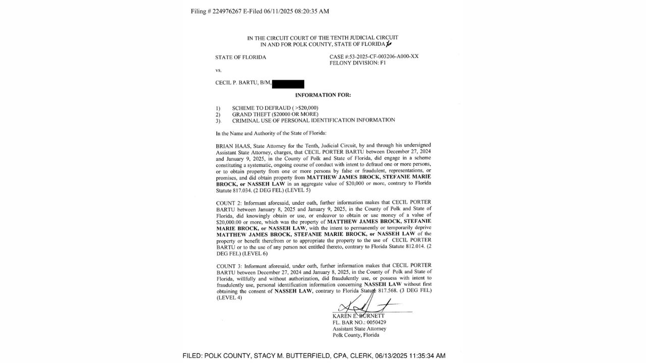 Polk County criminal Information showing three felony charges against Cecil Porter Bartu, including scheme to defraud and grand theft.
