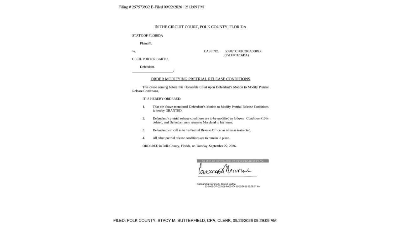 September 22 court order allowing Cecil Porter Bartu to return to Maryland and requiring continued contact with his pretrial release officer.