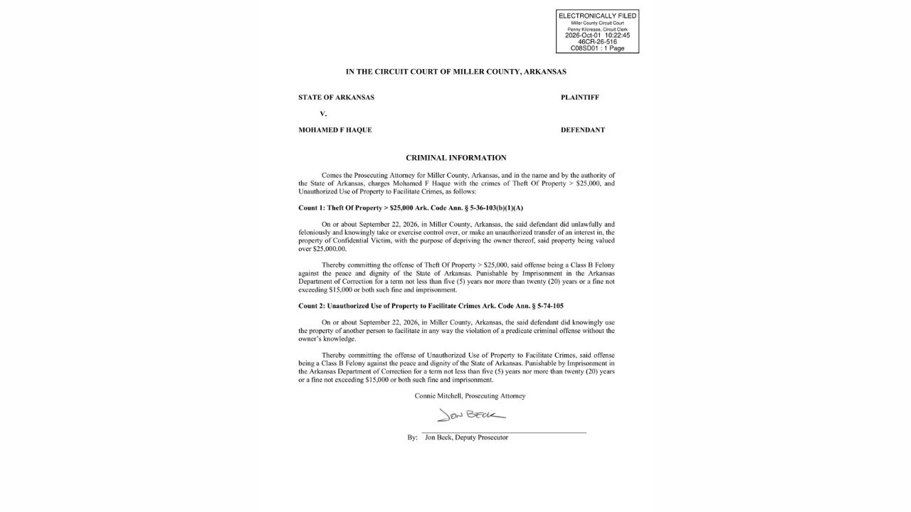 Criminal Information filed October 1, 2026, listing two Class B felony charges against Mohamed Faizal Haque.