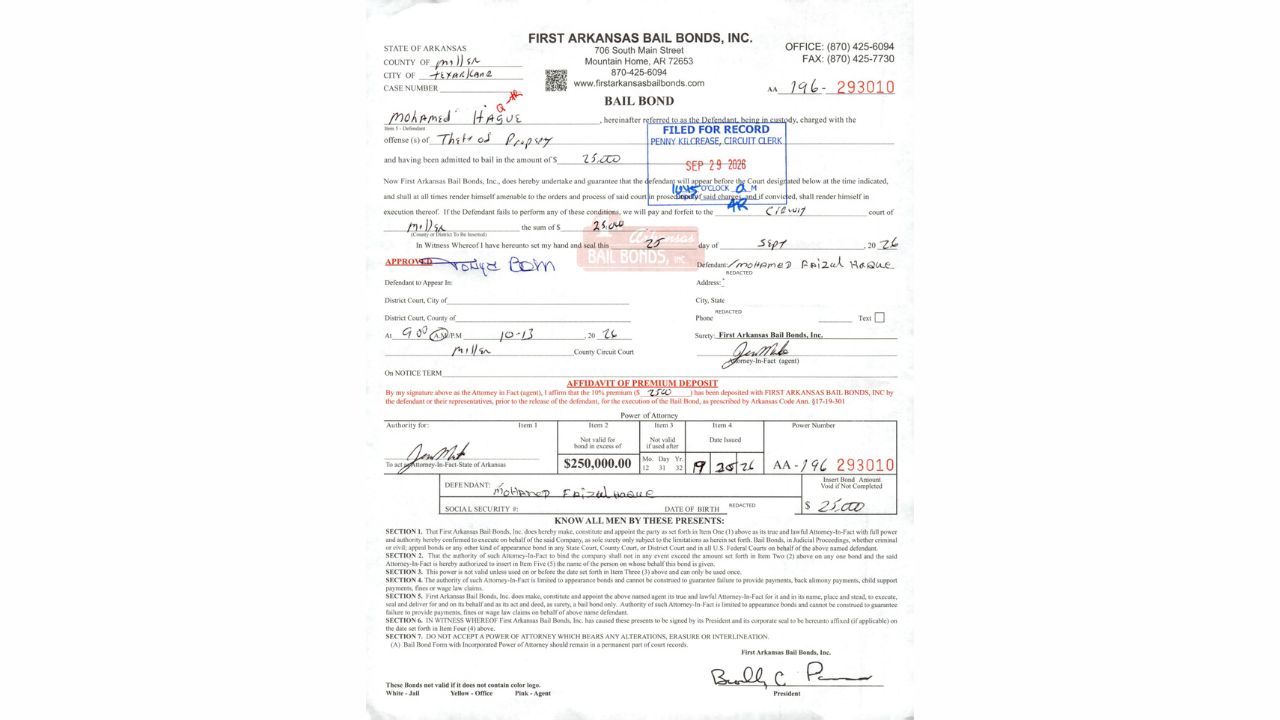 Redacted Miller County bail bond showing a $25,000 surety bond for Mohamed Faizal Haque.
