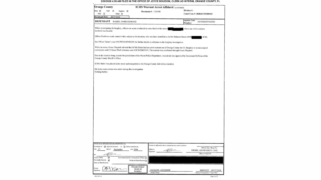 Ocoee Police Department arrest affidavit documenting the discovery of Ja'Mir Edmond Baker's outstanding warrant during a September 27 burglary investigation.