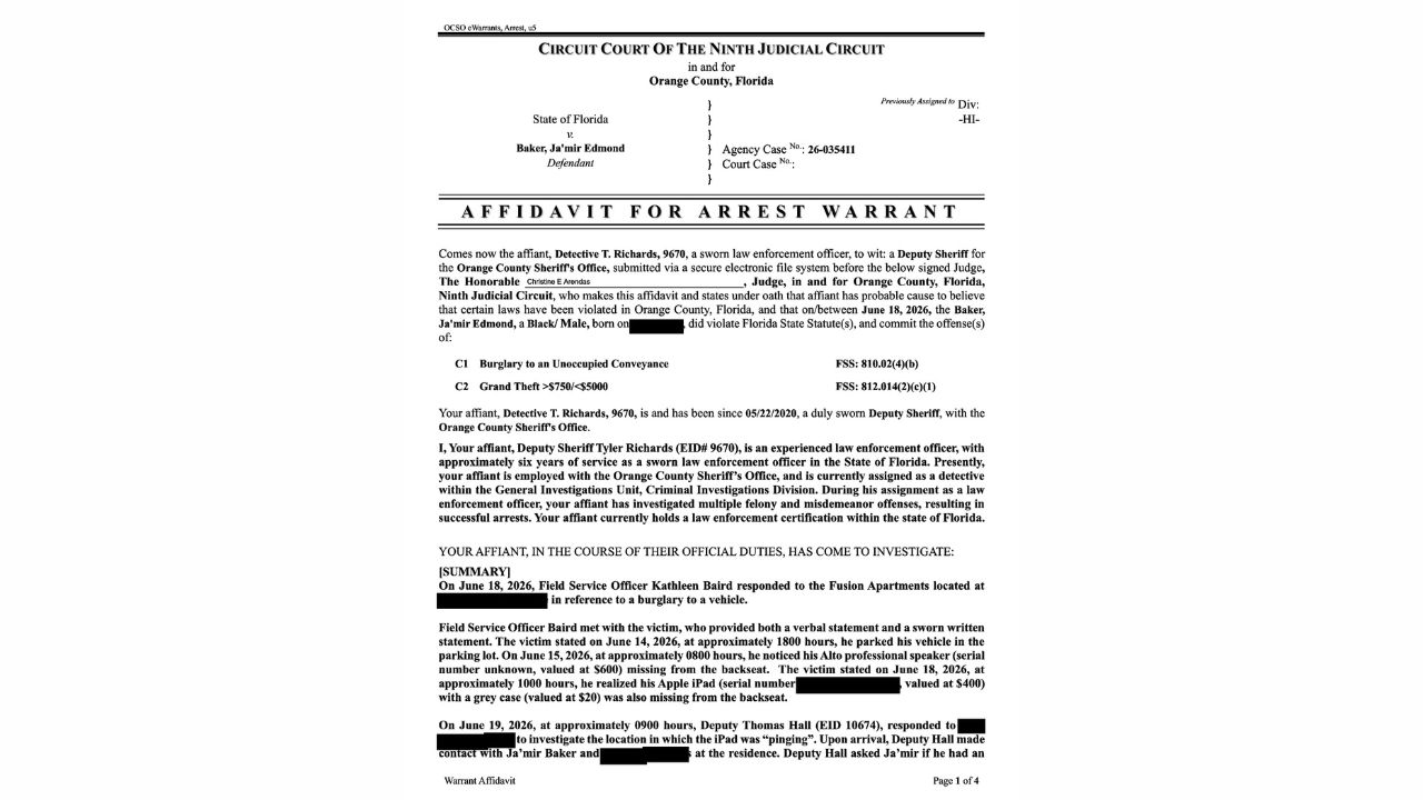 Orange County Sheriff's Office warrant affidavit listing vehicle burglary and grand-theft allegations against Ja'Mir Edmond Baker in a separate iPad theft investigation.