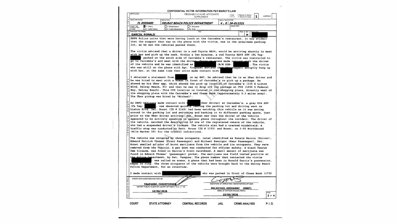 Delray Beach police probable-cause affidavit describing the Kia SUV, three occupants and phone that rang when detectives called the number used in an FDIC impersonation attempt.