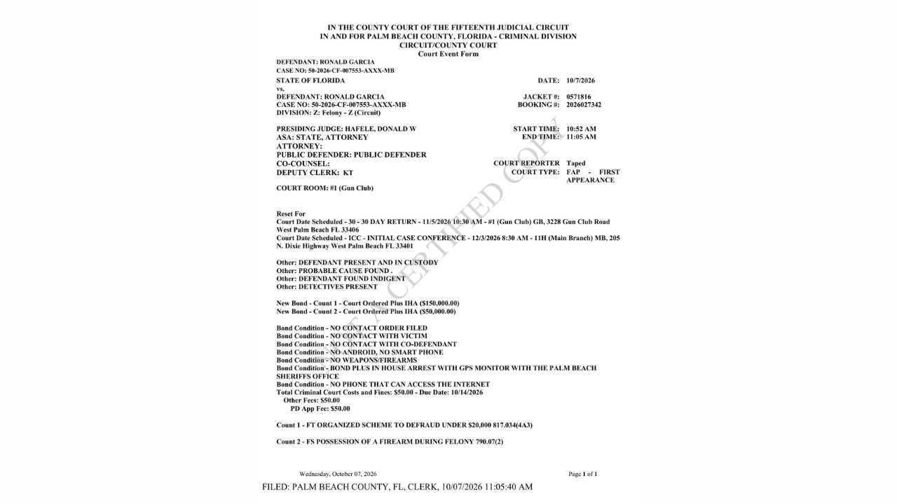 Palm Beach County first-appearance record showing Ronald Garcia's two charges, $200,000 total bond and GPS-monitoring release conditions.