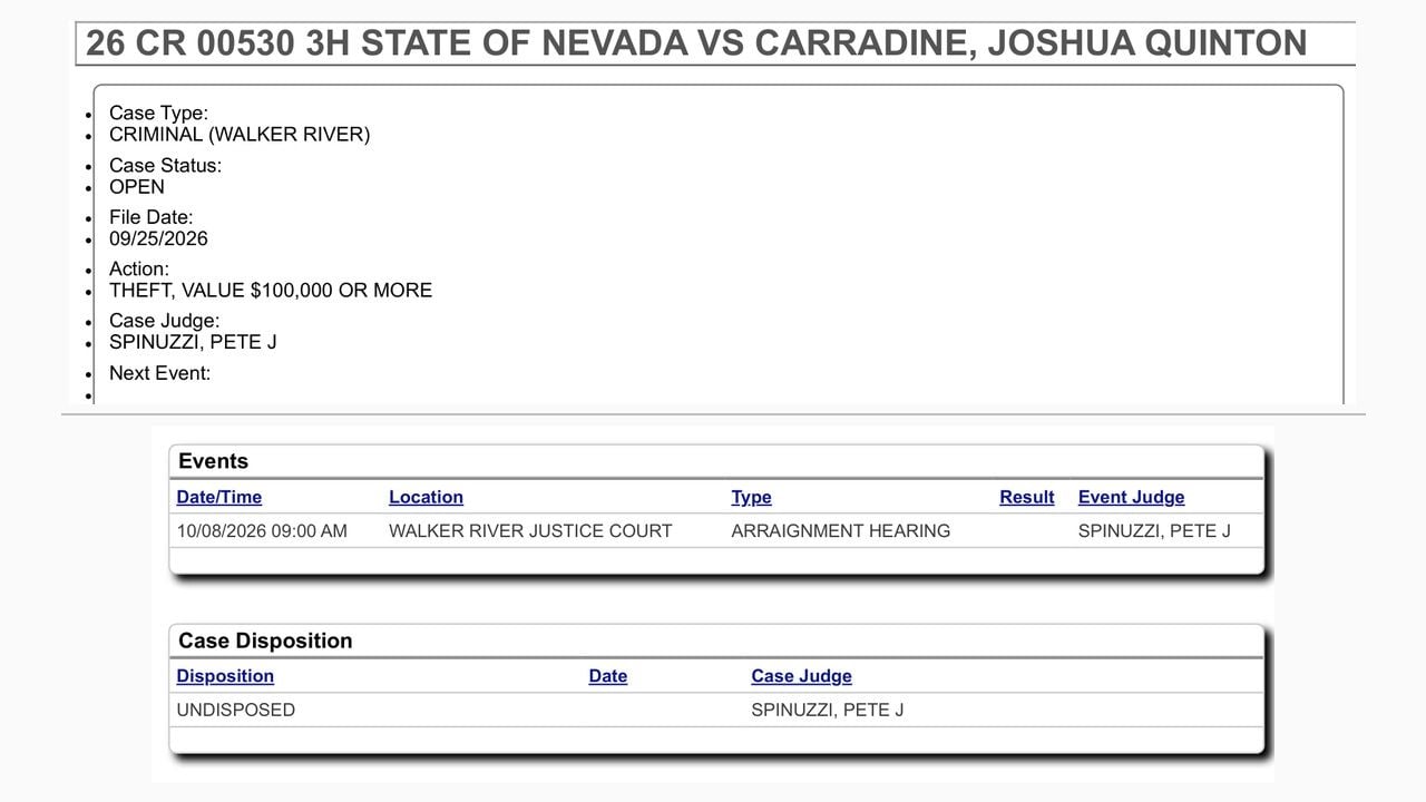 Nevada court record identifying Joshua Quinton Carradine, case 26 CR 00530 3H, theft charges and an October 8 arraignment listing.
