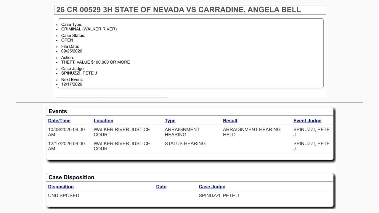 Nevada court record showing Angela Bell Carradine's criminal case, October 8 arraignment and December 17 status hearing.