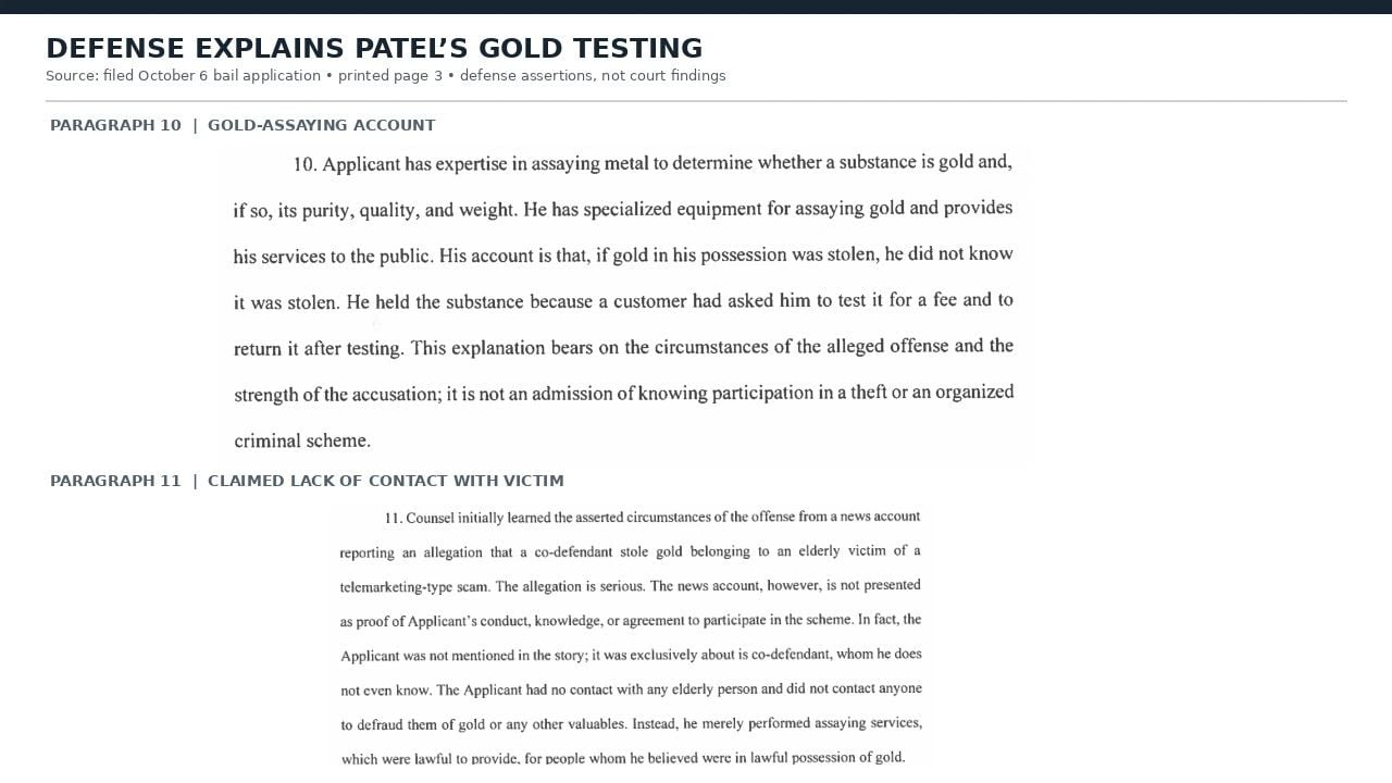 Excerpts from Patel's court-filed bail application describing his gold-assaying services and denial of knowing participation in the alleged fraud.