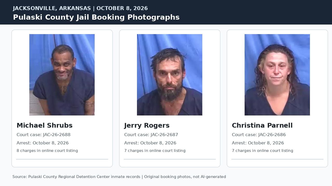 Side-by-side jail booking photographs of Michael Roosevelt Shrubs, Jerry Rogers and Christina Paige Parnell, arrested in the Jacksonville telecommunications cable-theft investigation.