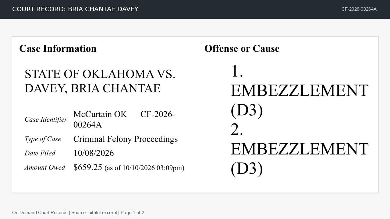 McCurtain County court docket for Bria Chantae Davey, showing two embezzlement entries and case number CF-2026-00264A.