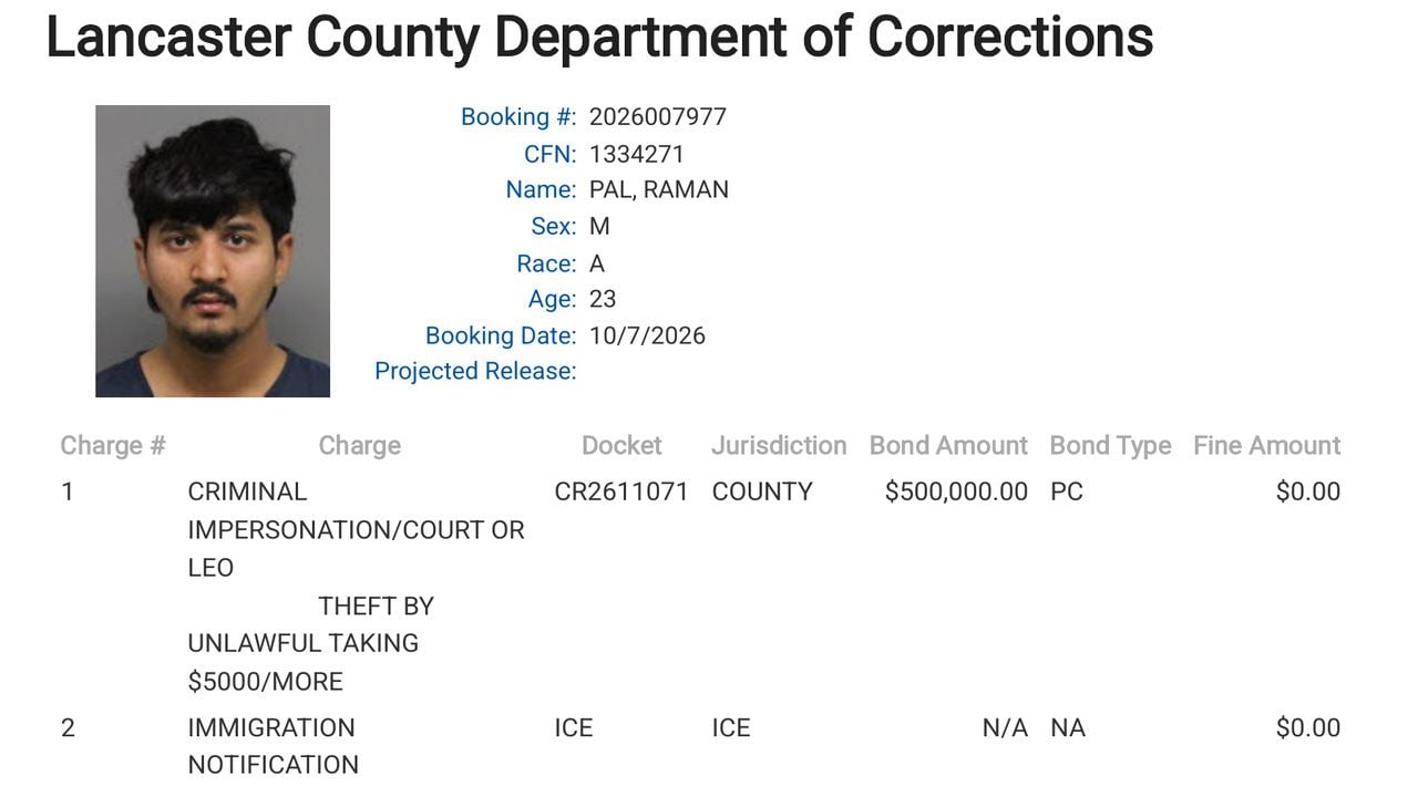 Lancaster County booking record showing Raman Pal's photograph, October 7 booking date, court reference CR2611071, listed offenses and $500,000 bond.