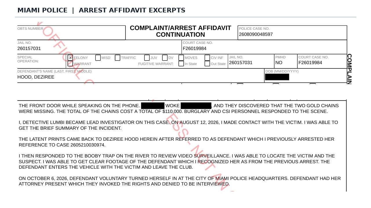 Redacted October 6, 2026 Miami police affidavit describing fingerprint evidence and surveillance identification in the Deziree Hood investigation.