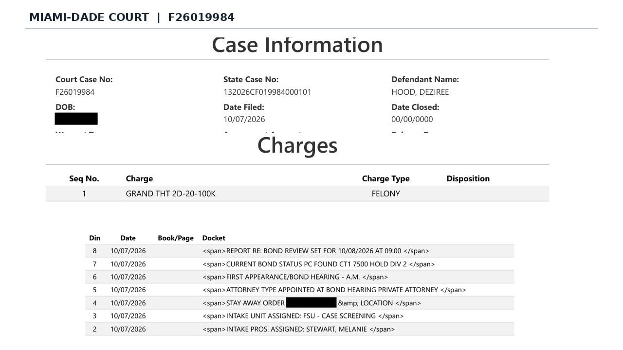 Miami-Dade criminal case summary for Deziree Hood showing case F26019984, a felony grand theft charge and court docket entries.